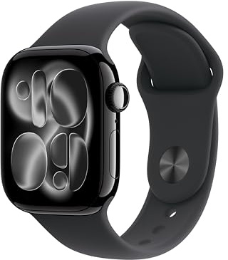 Apple Watch Series 11 GPS 42 mm med boett i Aluminium gagatsvart och Sportband i svart S/M. Sömnpoäng, träningsmätare, hälsoövervakning, skärm som alltid är på, vattentålig