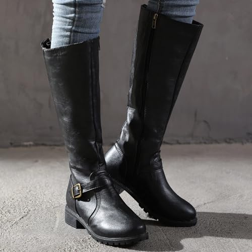 Générique Bottines d'automne pour Femme Bottes Longues en Cuir pour Femme Bottes D'Équitation À Enfiler Bottines Western Plates Bottes d'hiver Botte Haute Vintage Mode Cuir