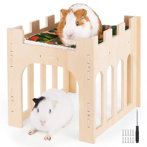 Bienbee Guinea Pig Hideout, Large Wooden Guinea Pig House with Soft Mat for Small Animals Bunny Hamster Chinchilla Ferret Rabbit Hedgehog Squirrel Guinea Pigs Accessories
