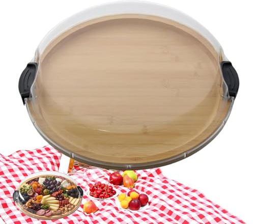 Tabla de queso, plato de madera para alimentos con tapa de bloqueo transparente, bandeja redonda para servir charcutería con un solo compartimento, para cocina, bufé, boda, picnic, vacaciones, fiesta