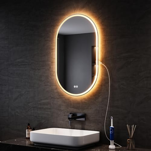 SONNI LED-badrumsspegel med uttag, 80 x 50 cm, oval badrumsspegel med belysning, touch-drift anti-dimma, 3 färger, dimbar och minne för strömavbrott