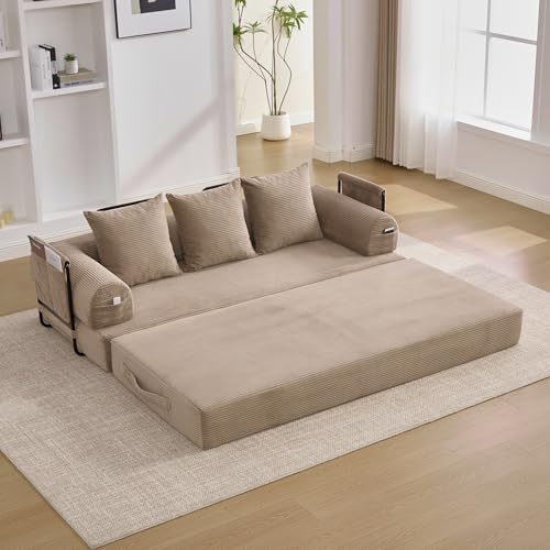 Sapgaks Divano Letto Convertibile a 3 Posti con Struttura in Metallo Robusto, Tasche Laterali e 3 Cuscini, Divano Modulare in Velluto Costinato, Può Essere Combinato Liberamente, Divano Letto, Kaki