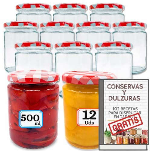 MundoTarros Pack 12 Tarros de Cristal 500 ml con Tapa Hermética de Rosca Metálica de Cuadros, Botes para Conservas, Almacenaje, Encurtidos y Fermentación, Incluye PDF con 102 Recetas y Etiquetas (12)
