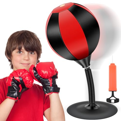 BAODBF Saco de boxeo para mesa con guantes y ventosa, pelota de punching de oficina, anti frustración, saco de boxeo de mesa para regalos divertidos y de alivio del estrés, rojo y negro