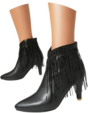 Bottines élégantes avec bout pointu, talon aiguille et franges pailletées - Bottines basses pour l'hiver - Bottines tendance et confortables., Noir , 43 EU