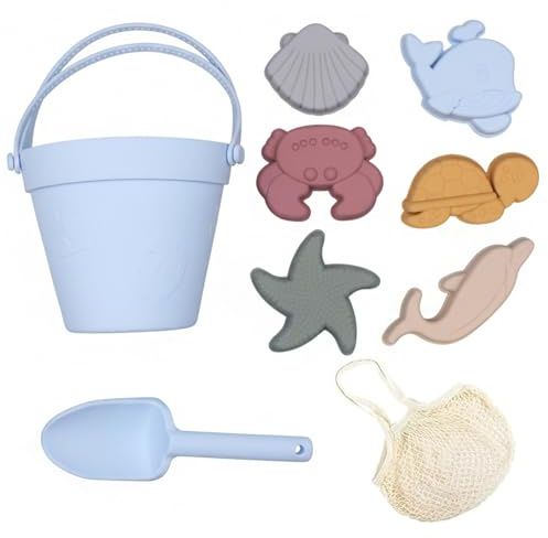 Temeemeg Juguetes de Playa para niños - Juego de Juguetes de Arena de Silicona Suave con Pala, Cubo y moldes |.Red de Malla portátil para fácil Transporte y Almacenamiento |.Juguete de Caja de Arena