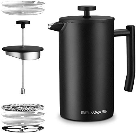 Belwares großer Kaffeekocher mit extra Filtern für einen satteren und volleren Kaffeegeschmack, Design mit doppelwandigem, schwarzem Edelstahl, um heiße Kaffeetemperatur zu bewahren 34oz Black Steel