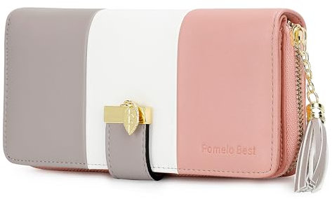 Pomelo Best Portefeuille Femme Cuir Porte Monnaie Porte-chéquiers Porte-Cartes pour 12 Cartes, Classique (Rayé, Gris Blanc Rose)