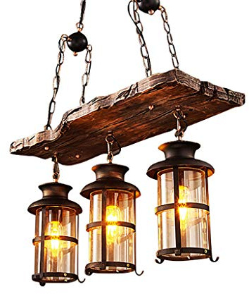 Hänglampa vintage industriell hängande belysning svart metall och glas trä rustika ljuskronor höjd justerbar för E27 lämplig för vardagsrum sovrum kök restaurang hängande lampa