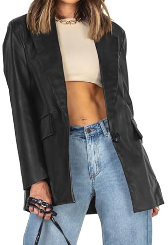 Pepochic Womens Oversized Leather Jacket Long Sleeve Faux Leather Blazer Lapel Button Down Leather Shacket Coat with Pockets Black