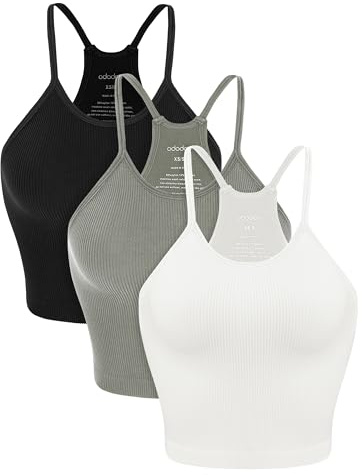 ODODOS Women's Crop Camisole 3-Pack Seamless Rib-Knit Crop Tank Tops, Long Crop, White Gray Black, Medium/Large
