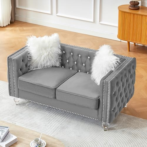 Homies Life 60 Chesterfield Sofa, Velvet Mid-Century Modern Upholstered Loveseat Sofa with 2 Throw Pillows and Acrylic Legs, Nailhead Button Tufted Vintage Couch for Living Room, Apartment, Grey