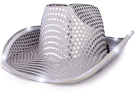 IBLUELOVER LED-upplyst cowboyhatt västerländsk glittrig cowgirlhatt disco rodeo dans festmössa nyhet Trilby Fedora keps för fin klänning jul halloween födelsedag bröllop festival fest, SILVER, M