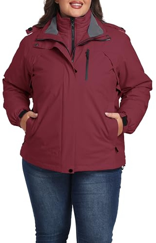 wantdo Women's 3-in-1 Plus Size Interchange Winter Jacket Warm Winter Snow Coat Wine Red 2X-Large