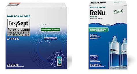 Bausch + Lomb EasySept Peroxidlösung Kontaktlinsenreiniger für weiche Kontaktlinsen, konservierungstofffrei & ReNu MultiPlus Kombilösung mit Proteinentferner - Kontaktlinsenreiniger
