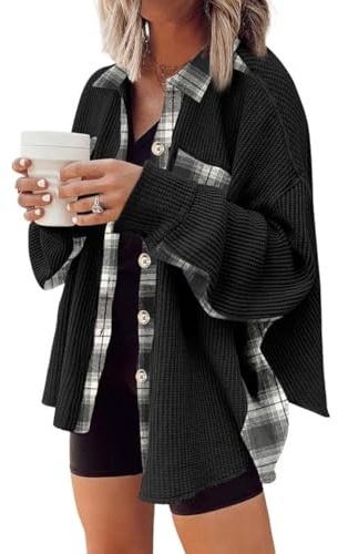 SHEWIN Womens Waffle Knit Plaid Shacket Button Down Shirts Jacket Boyfriend Shirts Long Sleeve Tops Fall Clothes for Women 2026 Black S