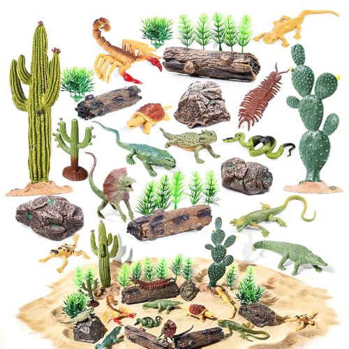 32 pezzi di animali del deserto, rettili, giocattoli, alberi in resina, diorama, lucertola, serpente, insetti, cactus, roccia, set da gioco per bambini e bambini piccoli, festa di compleanno, oggetti