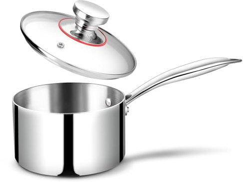 Joyfair Casserole de 14 cm, 1 litre en acier inoxydable triple épaisseur avec couvercle en verre, petite casserole à lait/casserole à sauce pour induction, gaz, four halogène, électrique, céramique