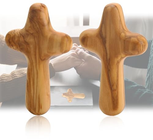 2 piezas de madera de olivo de 10 cm que sostiene la cruz, fibra de madera natural diseño ergonómico para confirmación de confort, cruz cristiana católica, regalos para oración, meditación y apoyo
