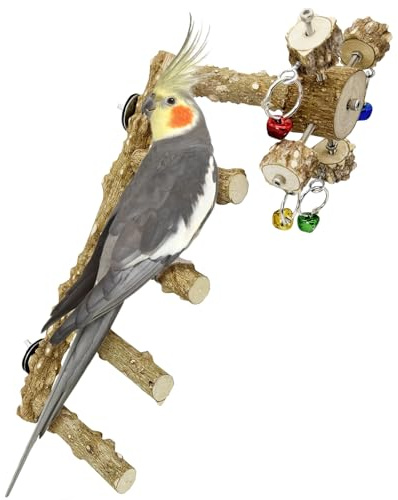 BNOSDM Natural Wood Bird Ladder Perch with Rotating Bell Toys-Exercise Stands for Parrot Climbing Chewing Parakeet Bridge Cage Accessories for Cockatiel, Conures, Lovebirds, Budgie