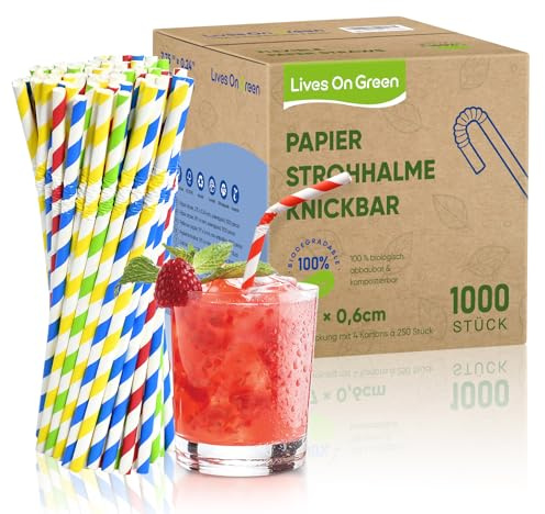 Lives on Green Färgglada ränder flexibla engångs papperssugrör, 19,7 x 0,6 cm – miljövänliga engångssugrör för barer och restauranger, 1 000 stycken