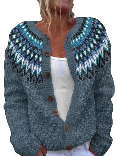 Women's Cardigan Colourful Chunky Knitted Jacket Norwegian Knitted Coat Knitted Jumper Knitted Cardigan Pullover with Buttons Classic Jacquard Knitwear Women's Cardigan Transition Jacket, navy, M