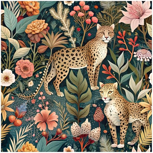 HAOKHOME Forest Wallpaper Self Adhesive Jungle Leopard Animal Wall Paper | Renter Friendly Forest Floral Removable Stick on Contact Paper for Bathroom Home Decor Green/Brown/Pink 10m x 44.5cm