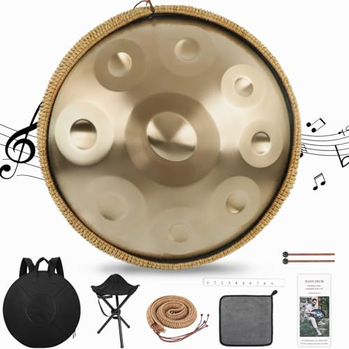 Derlvbak Handpan, 18 pulgadas 9 notas Oro Acero Tambor de Lengua Handpan Drum para Yoga, Meditación con Baquetas de Bolso, Soporte de Tambor