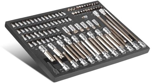 STAHLWERK 102-teiliger Bit- und Steckschlüsselsatz in Werkstattwageneinlage – Hochwertiges CrV-Werkzeug in Werkzeugwageneinlage für perfekte Ordnung, 1/2 und 1/4 Bit- und Steckschlüssel-Set