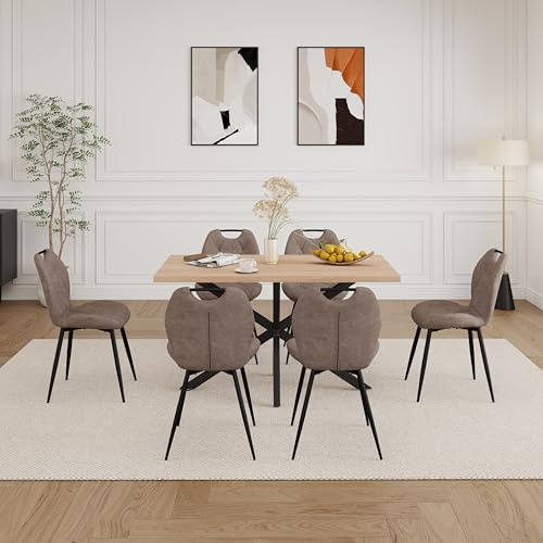 DEYARNA HOME Matgrupp set bord och stolar, rektangulärt matbord (140 cm) med 6 matstolar av linnetyg och handtag för kök, matsal (ljust träddekor + 6 x stolar (brun))