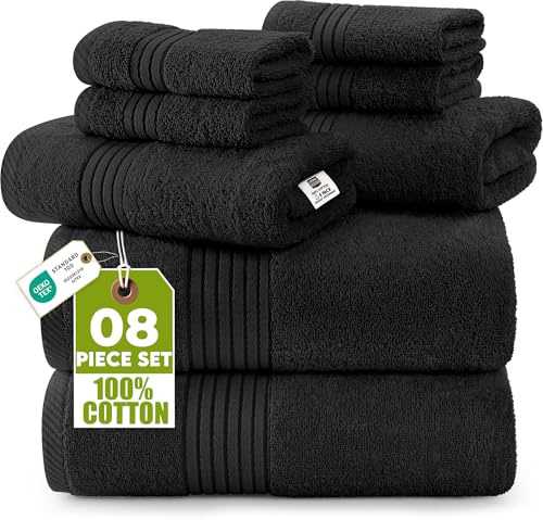 Utopia Towels Juego de Toallas de 8 Piezas, 2 Toallas de baño, 2 Toallas de Mano y 4 paños de Lavado, 100% algodón Hilado en Anillo, Toallas Altamente absorbentes para baño, Deportes y Hotel (Negro)