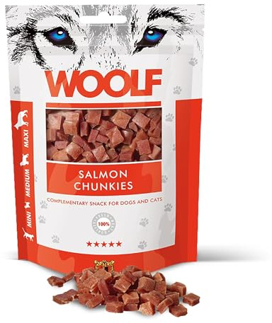 Snacks Naturales Perros - Dados Blandos Salmón - Chuches Sin Conservantes - Dog Treats Saludables - Omega 3 Pelo y Articulaciones - Proteínas Aperitivo para Perros - 100g