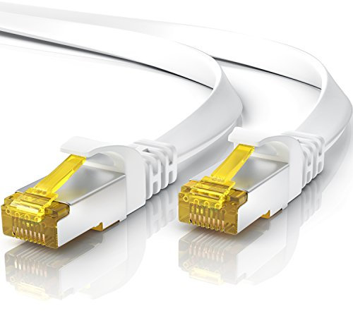 10m CAT 7 Netzwerkkabel Flach, Ethernet Kabel, Gigabit Lan 10 Gbit s, Patchkabel, Flachbandkabel, Verlegekabel, Cat.7 Rohkabel U FTP PIMF Schirmung mit RJ 45 Stecker, Switch Router Modem, Weiß
