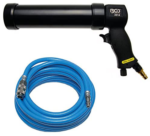 BGS Druckluftkartuschenpresse Silikonpistole Fettpresse Druckluftpistole Kartuschenpistole für 310 ml Kartuschen + Druckluftschlauch Kompressor Luftschlauch Pressluftschlauch 10 Meter lang 6 mm Innend
