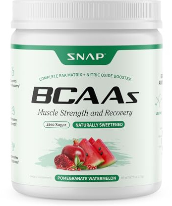 Snap Supplements BCAA Powder - 5g Vegan Branched Chain Amino Acids (2:1:1 Leucine Isoleucine Valine) + Essential Amino Acids with Nitric Oxide Booster, 30 Servings, Pomegranate Watermelon