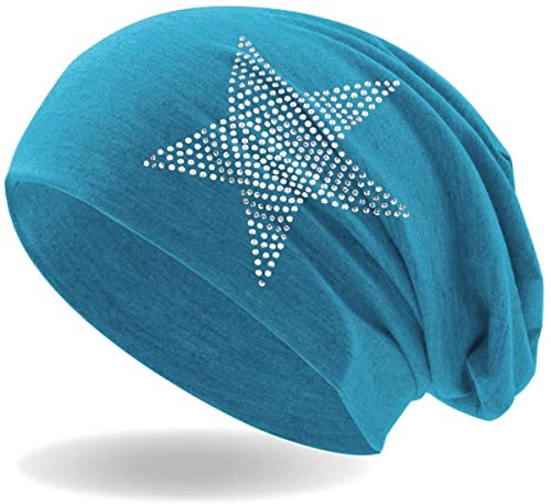 Hatstar Gorro de mujer con estrella de estrás, elástico, largo y holgado, con elegante aplicación de estrás, ligero y suave, turquesa, Talla única