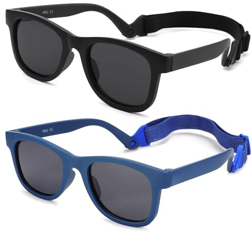 Flexible Polarized Baby Sunglasses with Strap Adjustable for Toddler & Newborn Infant 0-18 Months (Dark Blue/Gray + Matte Black/Gray) - 2 Pack