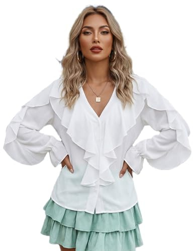Loalirando Camicia Donna con Manica Lunga Blusa Elegante Scollo a V Sexy Camicetta da Ufficio Casual (Bianco, L)