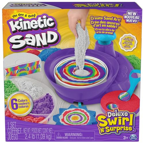 Kinetic Sand, Deluxe Swirl N' Surprise Spielset mit 1,1 kg Spielsand (rot, blau, grün, gelb, weiß & lila), 4 Werkzeuge, sensorisches Spielzeug für Kinder