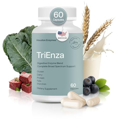 Houston Enzymes TriEnza - Suplemento enzimático digestivo para gluten, caseína, soja, proteínas, carbohidratos, grasas y polifenoles - Enzimas digestivas para mujeres y hombres (60 cápsulas)