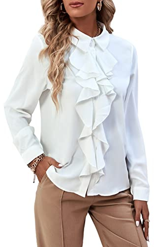 LYANER Women's Collar Neck Button Down Ruffle Front Long Sleeve Blouse Shirt Top White X-Large