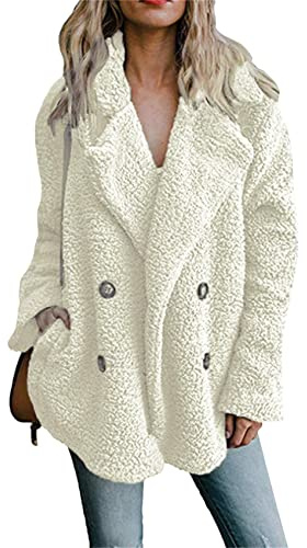 YMING Cappotto Casual Di Pelliccia Sintetica Per Le Donne Con Tasche Doppio Petto Cappotto Peluche Oversize Teddy Fleece Cardigan Bianco S