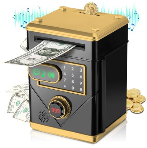 Vubkkty Money Box, Electronic Piggy Bank Cash Coin Can for Kids Safe, Password Money Saving Box ATM Money Bank Toy with Music Touchscreen, Christmas Toys Gifts for Girls Boys Age 6 7 8 9 10(Black)