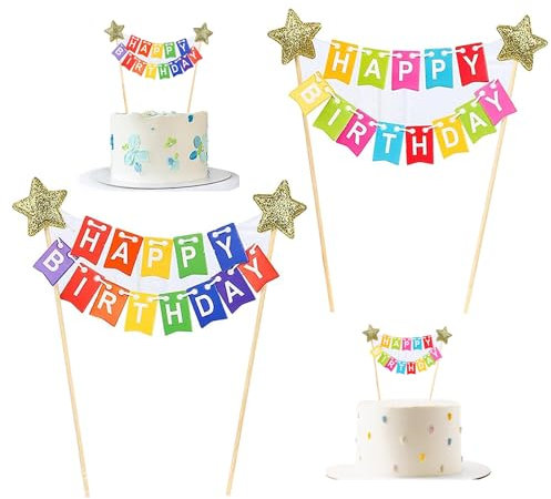Ryaupy Set Bandierine Topper Torta di Buon Compleanno - 2 Pezzi Cake Toppers 'Buon Compleanno' con Stelle Filanti e Ghirlande di Bandierine - Forniture per Feste per Ragazzi e Ragazze