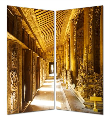 Wallario Selbstklebende Duschrückwand 180 x 200 cm, 2-teilig mit Motiv Buddhistischer Tempel aus Holz - Mandaley - Wandverkleidung Fließenersatz mit Hochglanzlaminat in Glasoptik