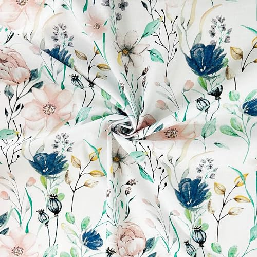 Textrend Tissu de coton au mètre, Tissu de couture, 100% coton, Motif floral, Tissus 1x1,6m, Tissu au mètre, patchwork (Fleurs denim roses avec branches)