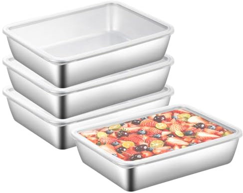 Paquete de 4 cajas rectangulares grandes de acero inoxidable para almacenamiento de alimentos, a prueba de fugas, tapa de plástico, hermética, contenedor de almacenamiento de carne para nevera,