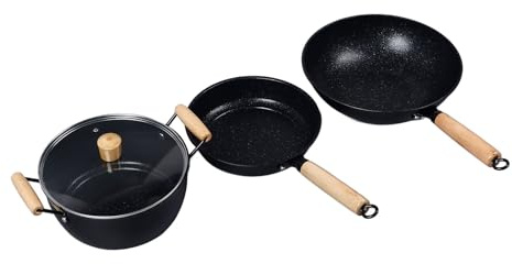 Ensemble de Poêles à Frire en Fer, 3 Pièces, Manche en Bois Antiadhésif, Ustensiles de Cuisine pour la Cuisine