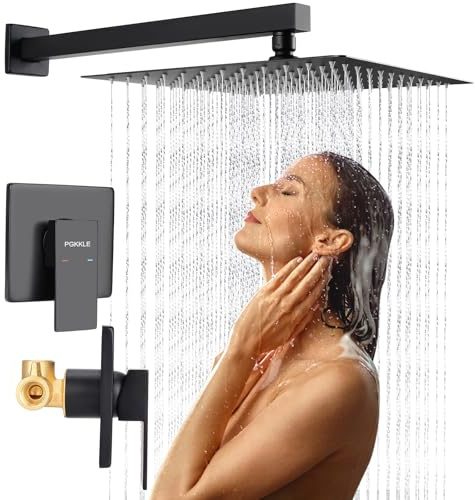 PGKKLE 10 Inch Rainfall Shower Faucet Single Function Shower Trim Kit with Rough-in Valve Shower Set Square Stainless Steel Metal Touch-Clean Shower Head Matte Black