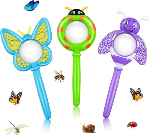 3Pcs Bug Magnifier for Kids, Handheld Butterfly Bee Ladybug Magnifying Glass, Kids Insect Magnifying Glass for Boys and Girls Gift Outdoor Activities